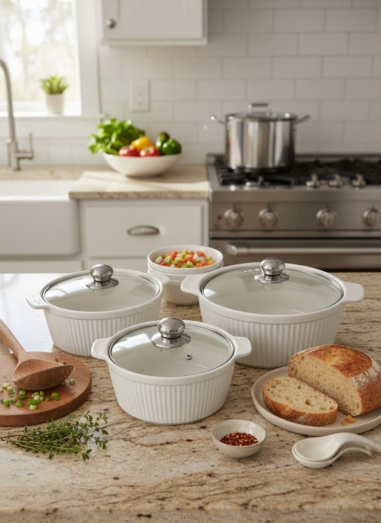 3-Piece Ceramic Soup Bowl Set With Glass Lid White/Silver; Small Bowl 8.5 Inch, Medium Bowl 10 Inch, Large Bowl 11.5 Inch